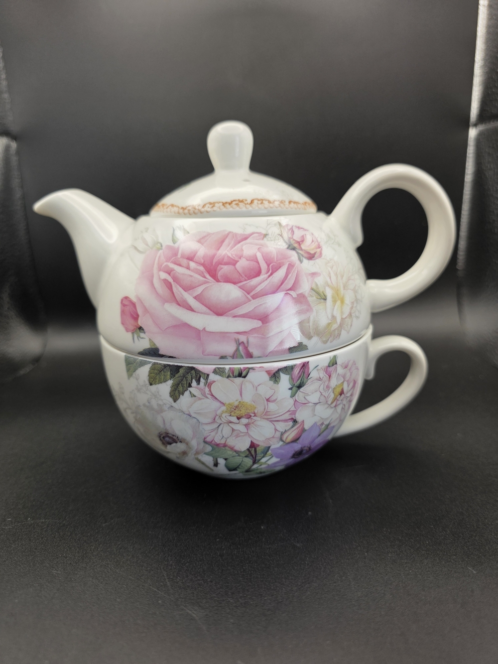 Summer River Porcelain Tea for One Set Pink Peony Floral Cottagecore